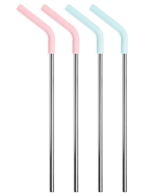 Set of four assorted reusable straws in pastel colors: two pale pink and two mint green, arranged in a row on a white background. Set of four assorted reusable straws in pastel colors: two pale pink and two mint green, arranged in a row on a white background.