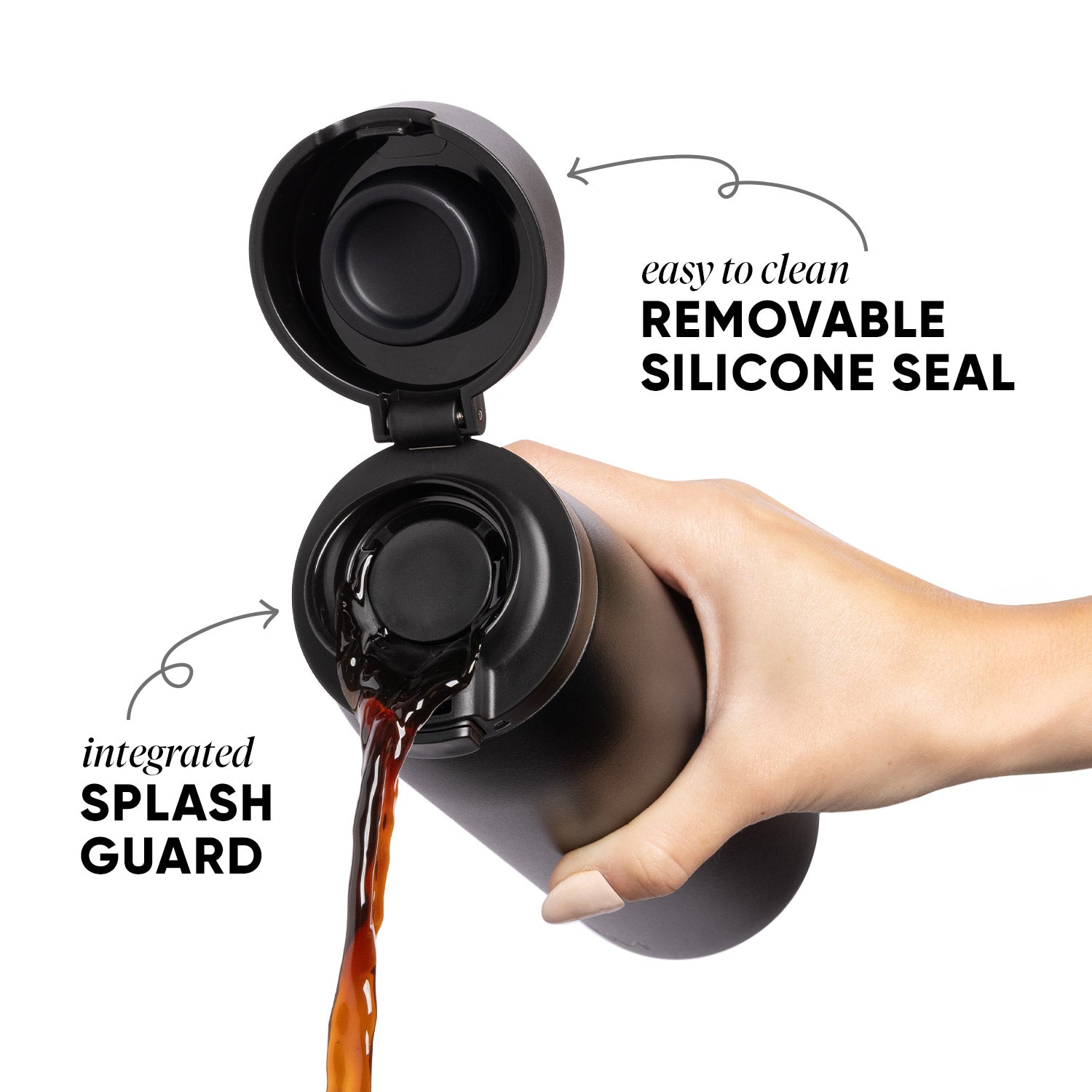 Glossy black and metal kitchen gadget with sleek design on light gray background, featuring white text describing product features and functionality