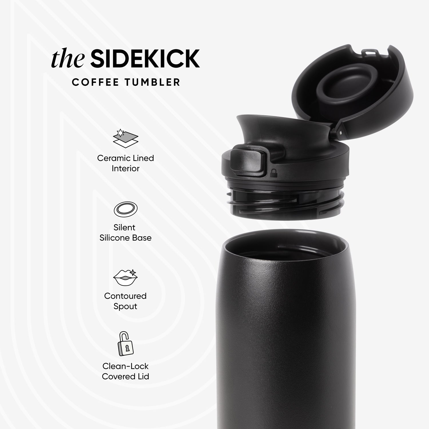 Sidekick coffee tumbler with lid off to show details. Text next to it describing features.