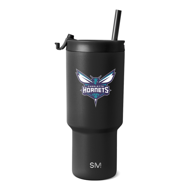 Matte black tumbler with Charlotte Hornets logo featuring teal and purple colors Matte black tumbler with Charlotte Hornets logo featuring teal and purple colors