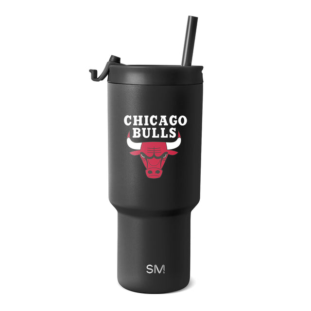 Black matte tumbler with Chicago Bulls logo featuring red bull head with white horns and white text on smooth textured finish Black matte tumbler with Chicago Bulls logo featuring red bull head with white horns and white text on smooth textured finish
