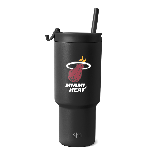 Matte black tumbler with Miami Heat logo in red, white text and outlines, sleek modern design Matte black tumbler with Miami Heat logo in red, white text and outlines, sleek modern design