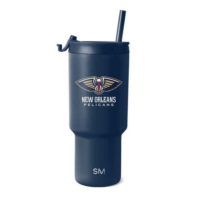 Navy blue drinkware with gold and cream logo accents, white text details Navy blue drinkware with gold and cream logo accents, white text details