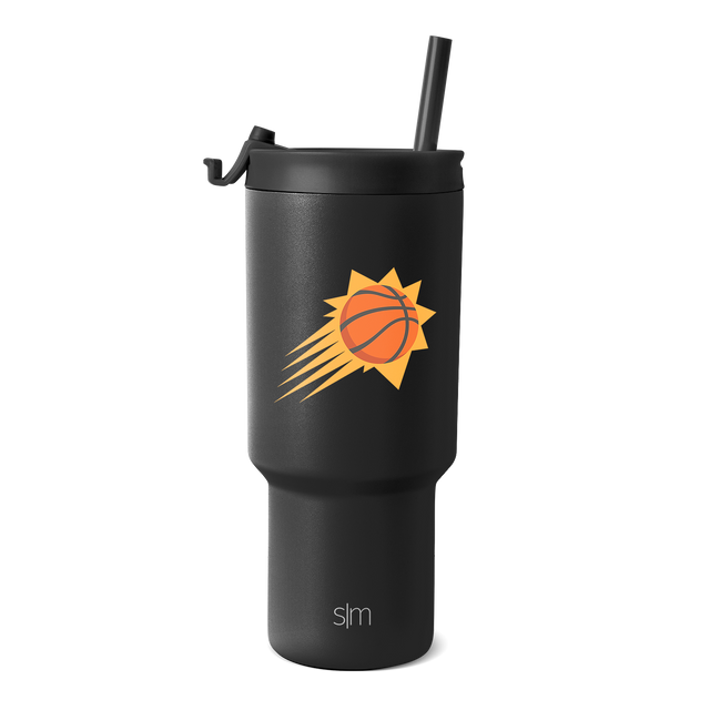 Matte black tumbler with vibrant orange and yellow Phoenix team logo featuring a golden yellow sunburst design Matte black tumbler with vibrant orange and yellow Phoenix team logo featuring a golden yellow sunburst design
