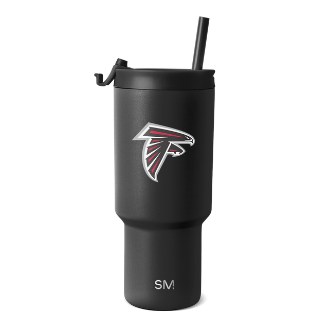 Matte black tumbler with Atlanta Falcons logo featuring red and white accents Matte black tumbler with Atlanta Falcons logo featuring red and white accents
