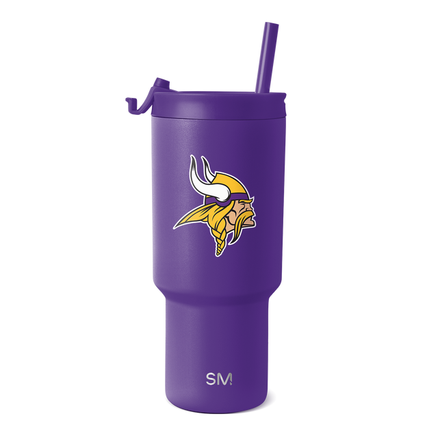 Purple tumbler with yellow and white logo design on white background Purple tumbler with yellow and white logo design on white background