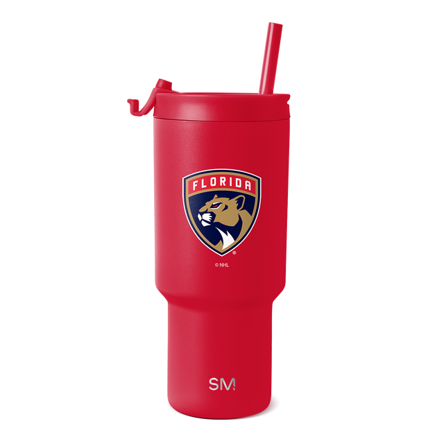 Red tumbler with matching red lid, handle, and straw. Features Florida Panthers logo in navy blue and gold. Red tumbler with matching red lid, handle, and straw. Features Florida Panthers logo in navy blue and gold.