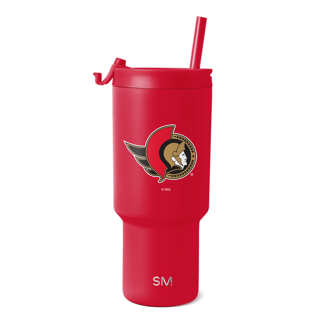 Red insulated tumbler with white, black, gold, and tan team logo and branding elements on front Red insulated tumbler with white, black, gold, and tan team logo and branding elements on front