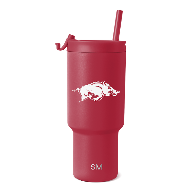 Burgundy matte tumbler with gradient finish, cylindrical body, lid, and handle Burgundy matte tumbler with gradient finish, cylindrical body, lid, and handle