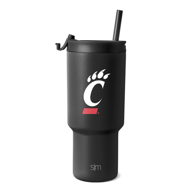 Dark charcoal tumbler with white logo graphic and bold red accent stripe Dark charcoal tumbler with white logo graphic and bold red accent stripe