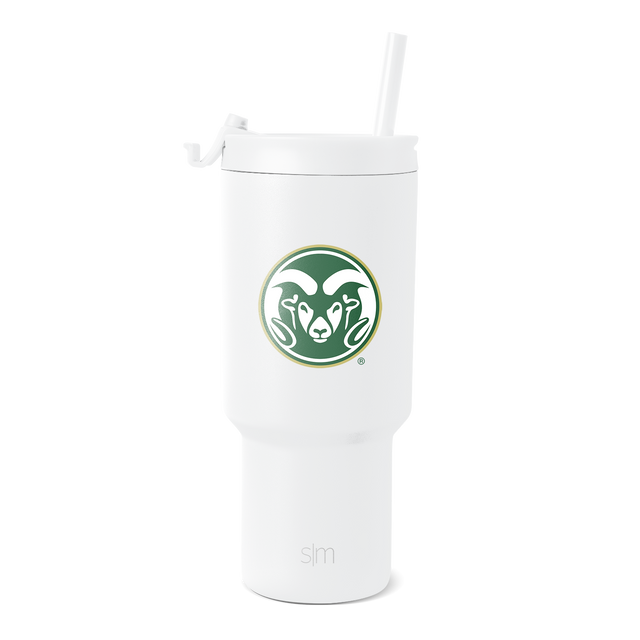 White insulated tumbler with forest green and cream circular logo badge on body White insulated tumbler with forest green and cream circular logo badge on body