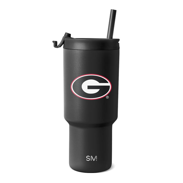 Matte charcoal tumbler with black lid and straw, white interior logo design elements Matte charcoal tumbler with black lid and straw, white interior logo design elements