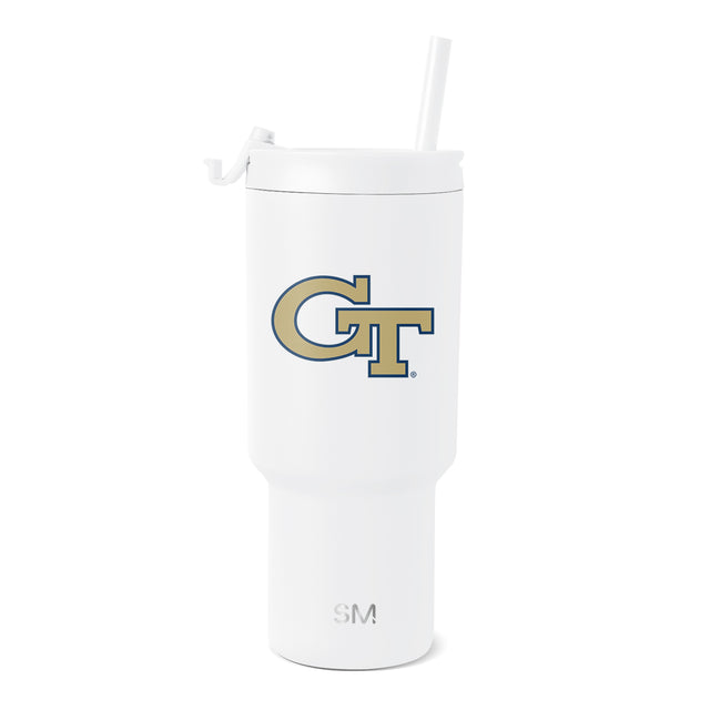 White cylindrical tumbler with Georgia Tech logo in gold and navy blue. Tall drinking cup with clean finish and contrasting colored school emblem. White cylindrical tumbler with Georgia Tech logo in gold and navy blue. Tall drinking cup with clean finish and contrasting colored school emblem.