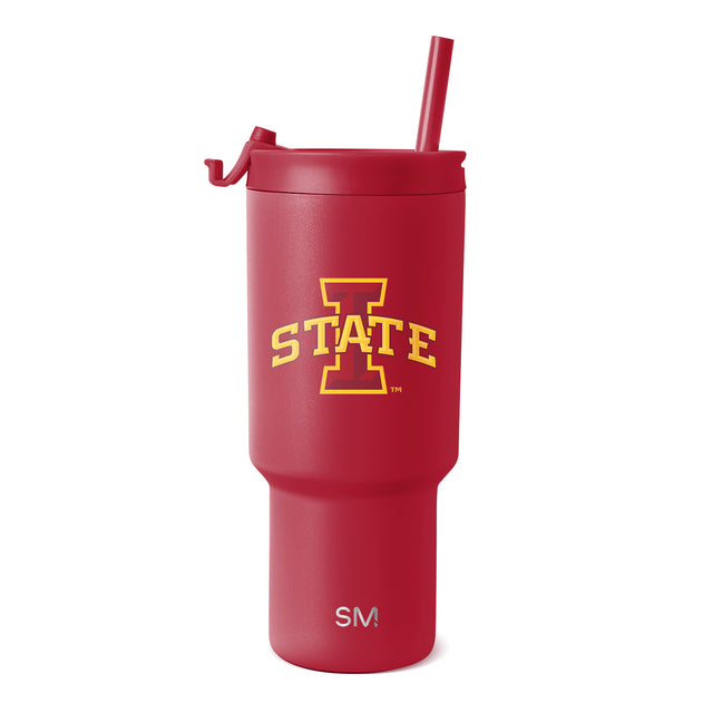 Cardinal red tumbler with golden yellow printed logo, designed for beverage containment and insulation Cardinal red tumbler with golden yellow printed logo, designed for beverage containment and insulation