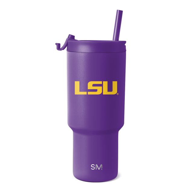 Purple tumbler with gold LSU logo and yellow accents Purple tumbler with gold LSU logo and yellow accents