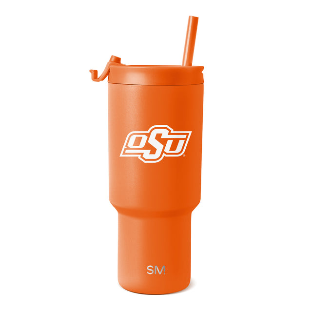 Bright orange tumbler with matching orange straw on white background, featuring white text and logos Bright orange tumbler with matching orange straw on white background, featuring white text and logos
