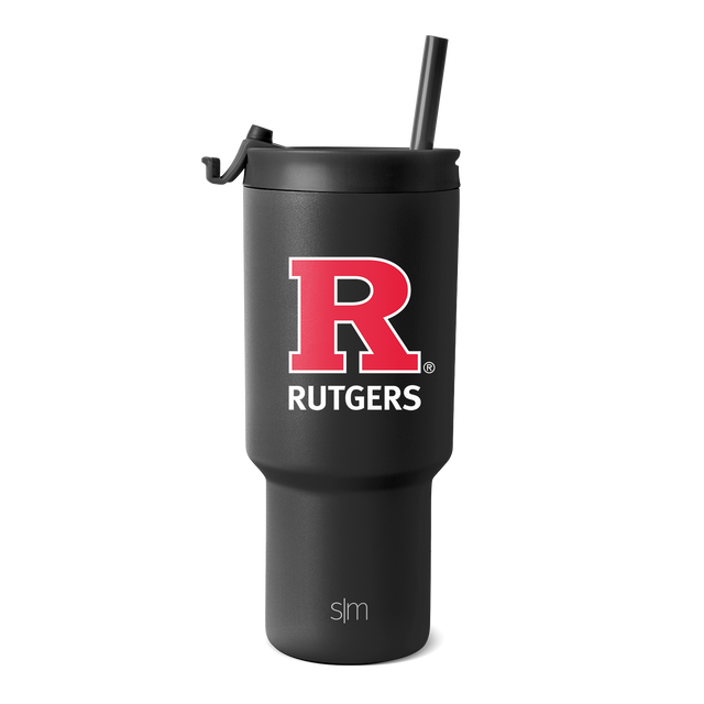Matte black tumbler with vibrant red and white university logo design Matte black tumbler with vibrant red and white university logo design
