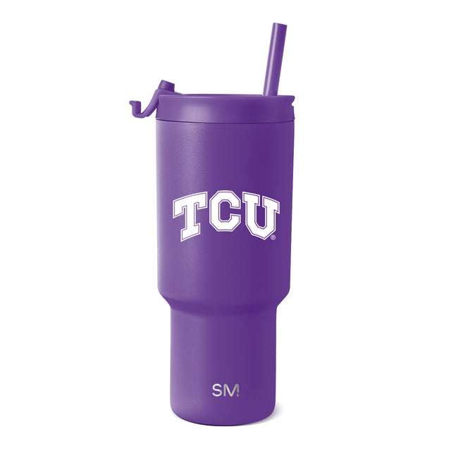 Purple metallic tumbler with white text on body and lid, featuring a pearlescent finish Purple metallic tumbler with white text on body and lid, featuring a pearlescent finish