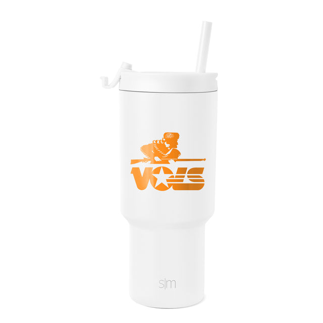 White tumbler with white lid and straw, featuring bright orange graphic design on white background White tumbler with white lid and straw, featuring bright orange graphic design on white background