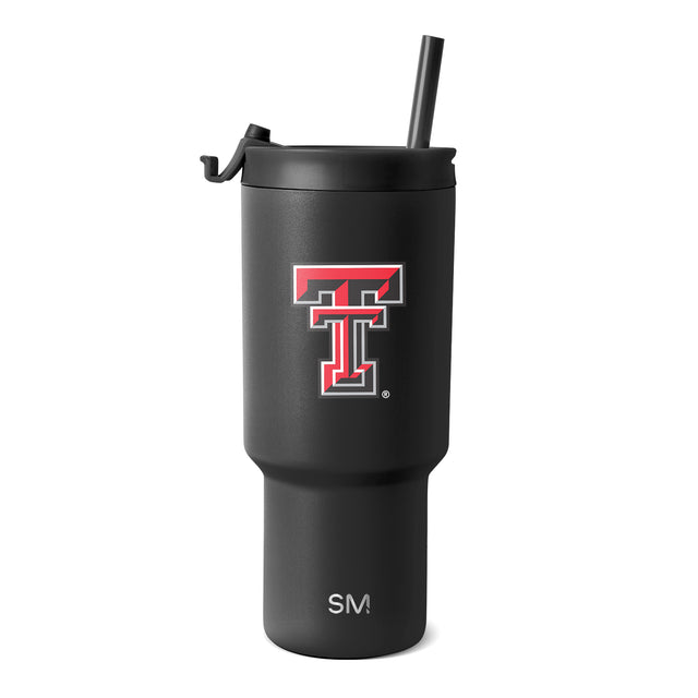 Matte black tumbler with metallic gray accent, black lid and straw, featuring Texas Tech logo Matte black tumbler with metallic gray accent, black lid and straw, featuring Texas Tech logo