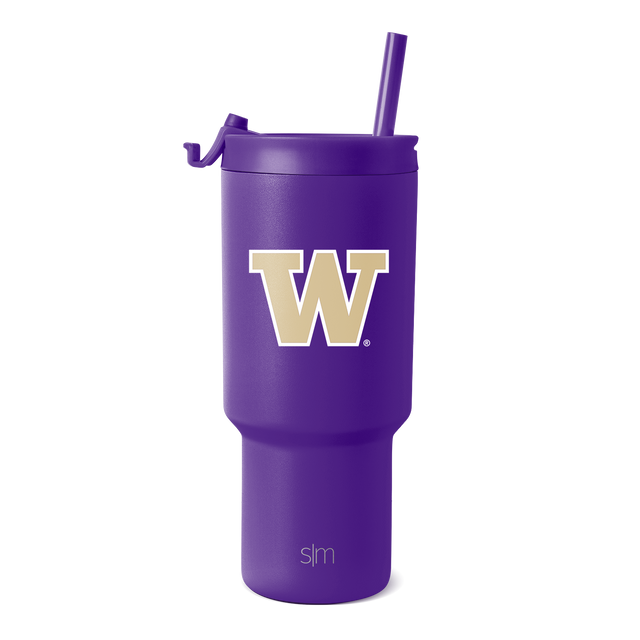 Purple tumbler with gold accent branding on logo and base Purple tumbler with gold accent branding on logo and base