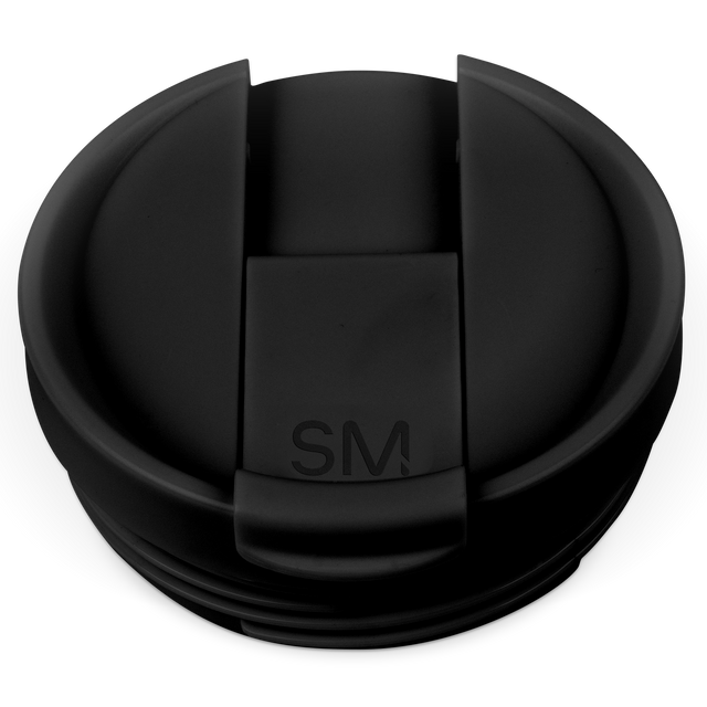 Black flip-top lid with mounting bracket for tracking device, shown from angled perspective Black flip-top lid with mounting bracket for tracking device, shown from angled perspective