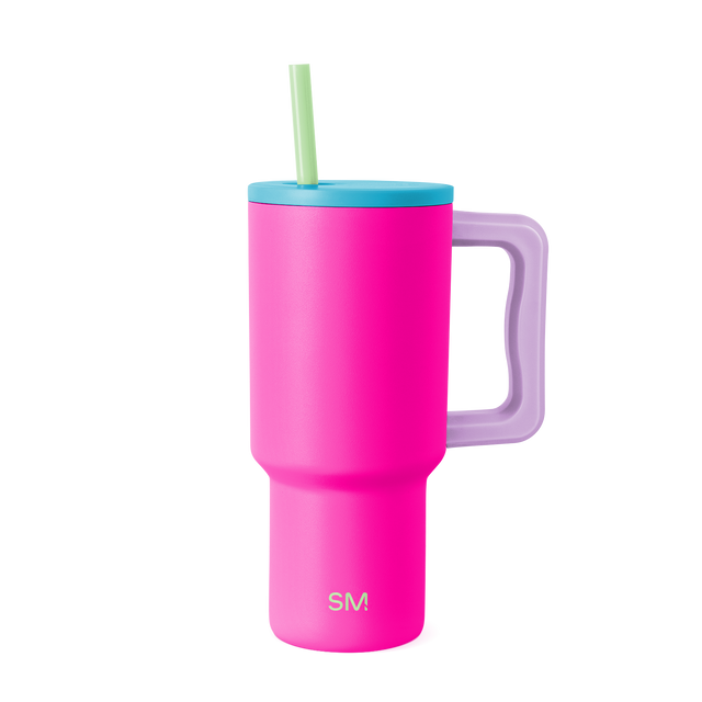 Tall insulated tumbler with handle in vibrant hot pink, tapered cylindrical shape, 30-80m size Tall insulated tumbler with handle in vibrant hot pink, tapered cylindrical shape, 30-80m size