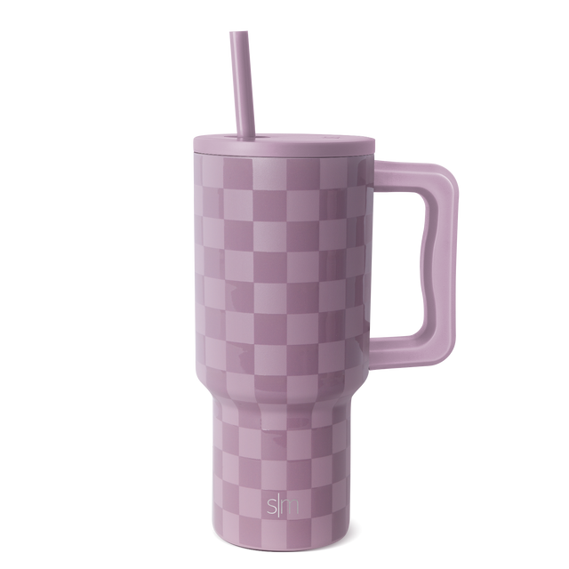 Soft mauve and dusty rose tumbler with two-tone checkerboard pattern in lavender-pink and dusty purple squares, including matching straw and lid cap. Soft mauve and dusty rose tumbler with two-tone checkerboard pattern in lavender-pink and dusty purple squares, including matching straw and lid cap.