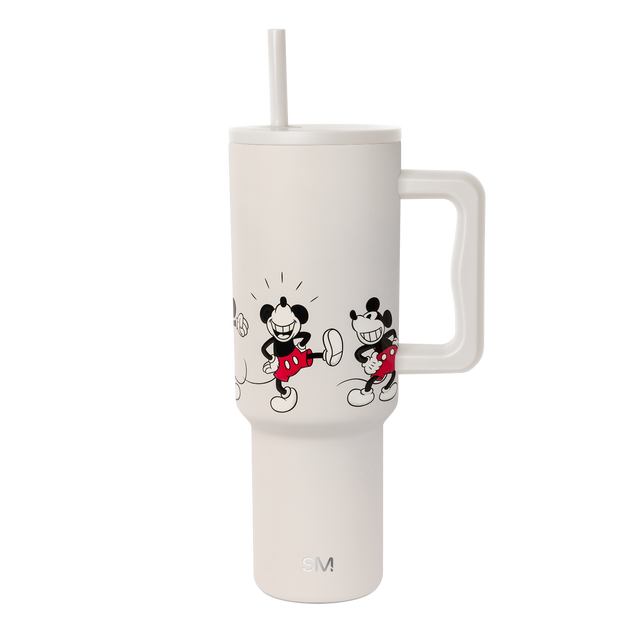 SM Insulated Tumbler with Mickey Mouse design, cream-colored body with black ink outlines and details SM Insulated Tumbler with Mickey Mouse design, cream-colored body with black ink outlines and details
