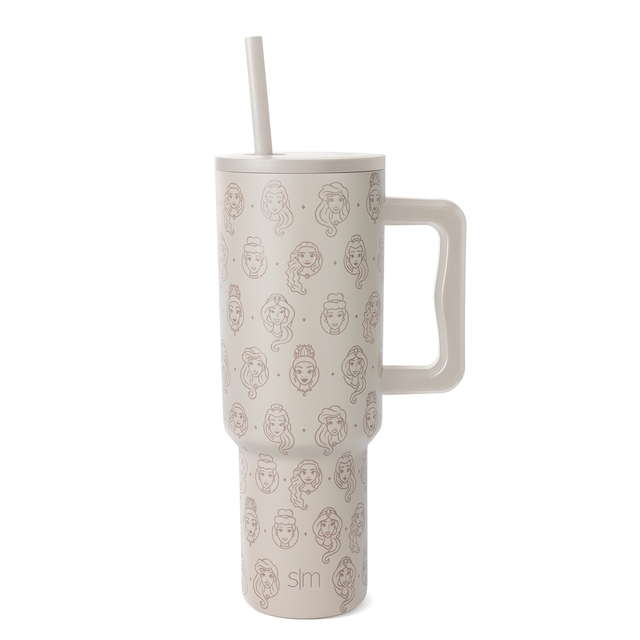 Beige cream tumbler with taupe and brown line-drawn pattern throughout. Beige cream tumbler with taupe and brown line-drawn pattern throughout.