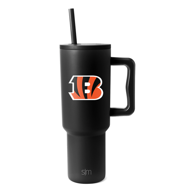 Matte black tumbler with bright orange and white logo design, sleek modern aesthetic Matte black tumbler with bright orange and white logo design, sleek modern aesthetic