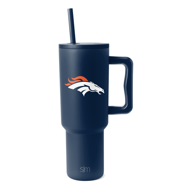 Navy blue insulated tumbler with tapered cylindrical design, wider at middle and narrower at base, shown against white background. Navy blue insulated tumbler with tapered cylindrical design, wider at middle and narrower at base, shown against white background.