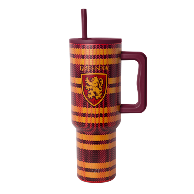 Burgundy and golden yellow striped tumbler with knit texture pattern and deep maroon accents Burgundy and golden yellow striped tumbler with knit texture pattern and deep maroon accents