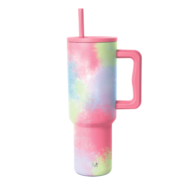 Soft pink, pale yellow-green, and light periwinkle blue tie-dye tumbler with handle Soft pink, pale yellow-green, and light periwinkle blue tie-dye tumbler with handle