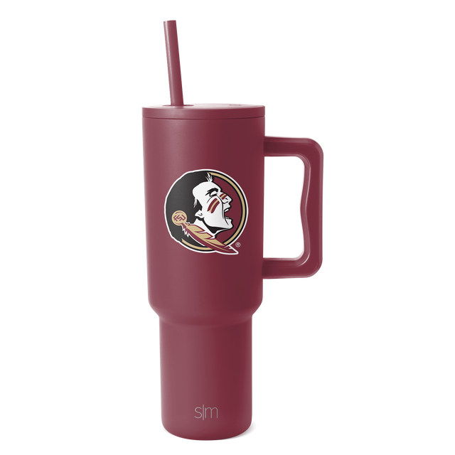 Deep burgundy tumbler with white, black, tan, and gold logo graphic on front, displayed against white background. Model TRK-SH-40-U-FLST. Deep burgundy tumbler with white, black, tan, and gold logo graphic on front, displayed against white background. Model TRK-SH-40-U-FLST.