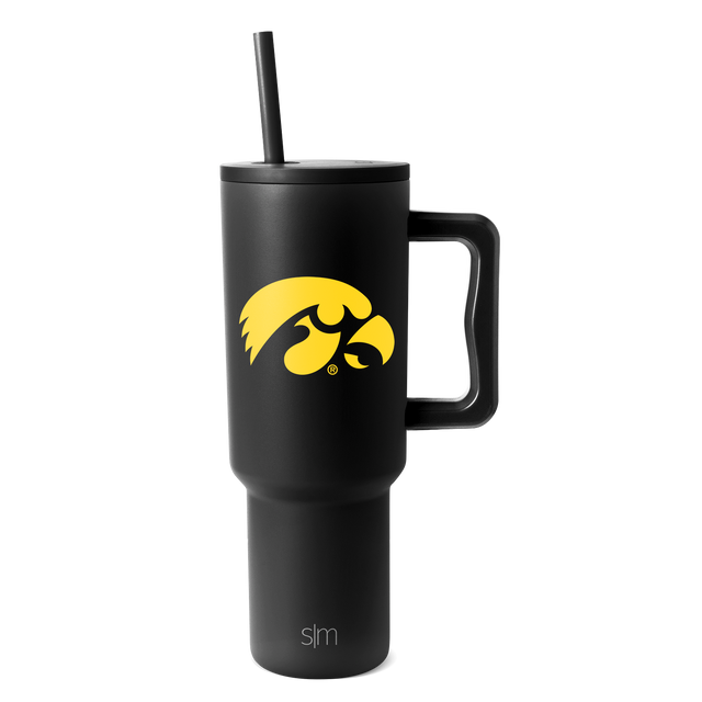 Black tumbler with bright yellow accent stripe and text detailing, Iowa-themed design Black tumbler with bright yellow accent stripe and text detailing, Iowa-themed design