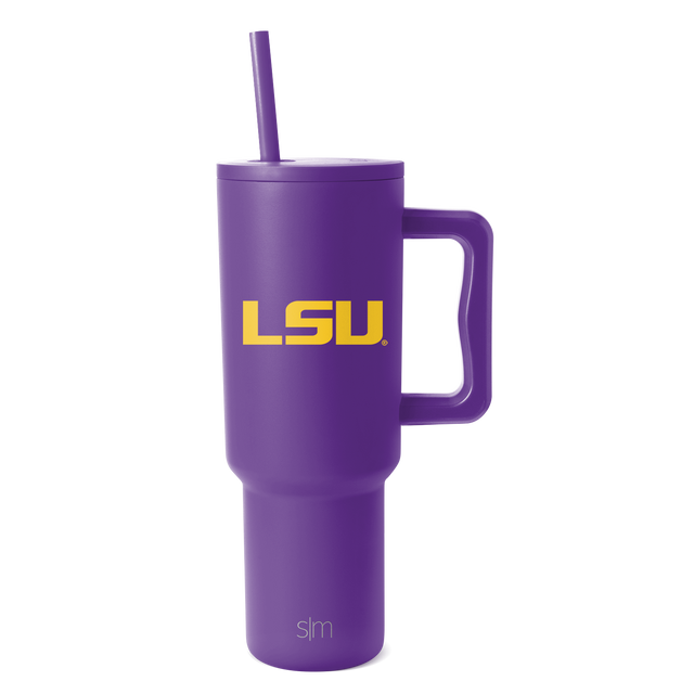 Purple drinkware with gold accents, featuring LSU branding and design elements on a cylindrical tumbler or cup shape. Purple drinkware with gold accents, featuring LSU branding and design elements on a cylindrical tumbler or cup shape.
