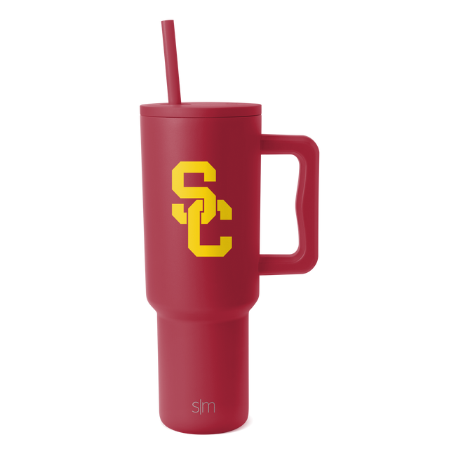 Burgundy red tumbler with bright yellow logo graphic Burgundy red tumbler with bright yellow logo graphic