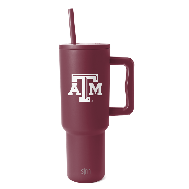 Deep burgundy tumbler with white logo and text branding Deep burgundy tumbler with white logo and text branding
