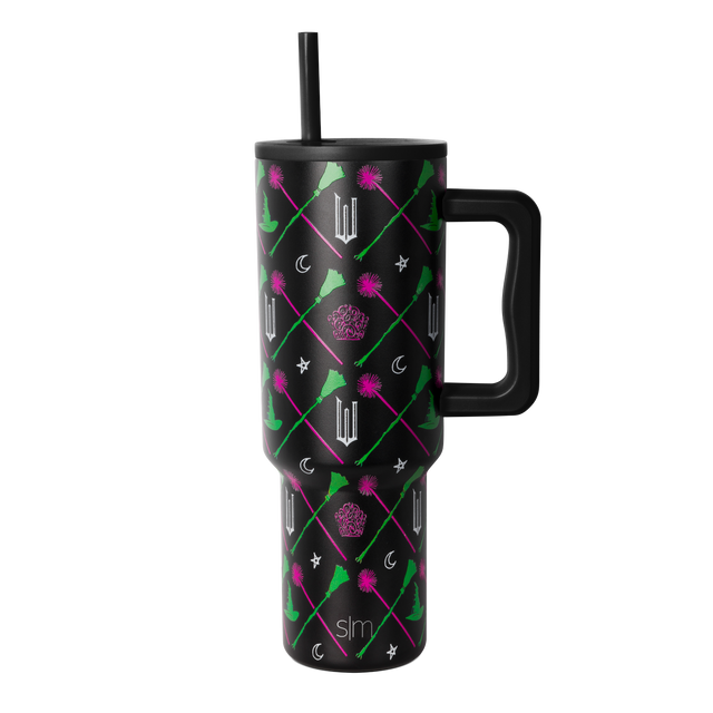 Black insulated tumbler with handle and quilted diamond grid pattern design on white background Black insulated tumbler with handle and quilted diamond grid pattern design on white background