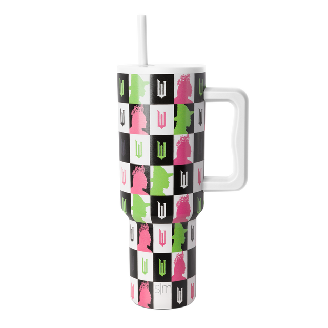 Checkerboard tumbler with hot pink, lime green, black, and white pattern on white base, includes matching white straw Checkerboard tumbler with hot pink, lime green, black, and white pattern on white base, includes matching white straw