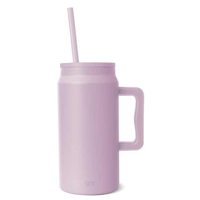 Dusty mauve-pink insulated tumbler with squared handle, matching lid, and straw Dusty mauve-pink insulated tumbler with squared handle, matching lid, and straw