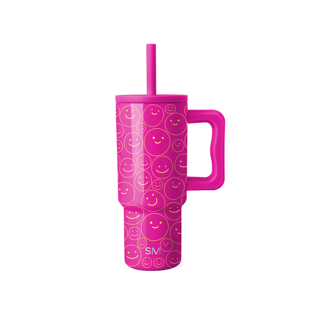 Vibrant hot pink smiley face design with yellow-gold accents Vibrant hot pink smiley face design with yellow-gold accents