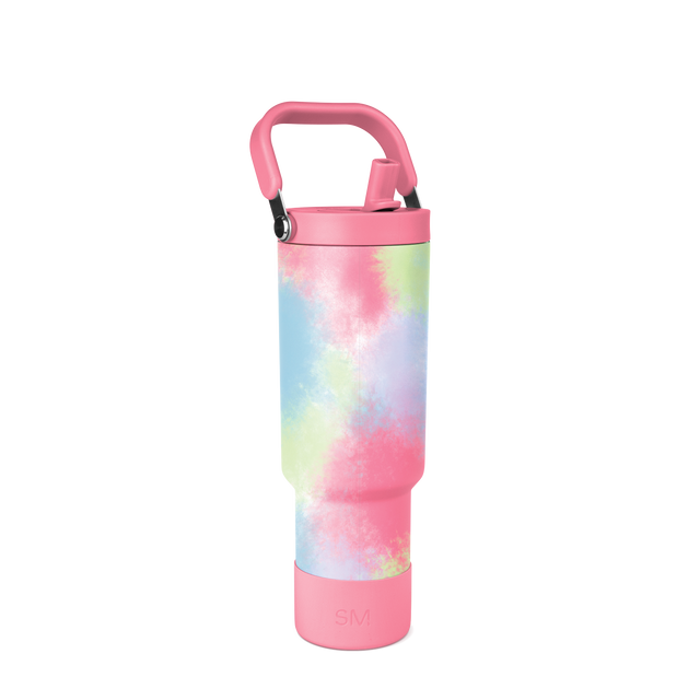 Vibrant tie-dye water bottle with soft pastel colors including pink, light blue, pale yellow-green, and lavender blended in a watercolor-like pattern across the center band. Vibrant tie-dye water bottle with soft pastel colors including pink, light blue, pale yellow-green, and lavender blended in a watercolor-like pattern across the center band.