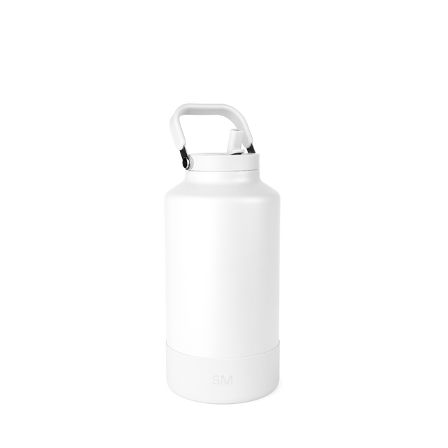 White insulated water bottle with cylindrical body, rounded base, and curved ergonomic white handle with black accents White insulated water bottle with cylindrical body, rounded base, and curved ergonomic white handle with black accents
