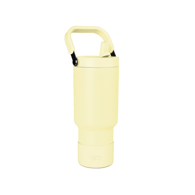 Pale yellow water bottle with black carry handle and cylindrical base design Pale yellow water bottle with black carry handle and cylindrical base design