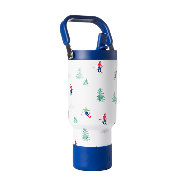 White water bottle with royal blue top handle and base, product front view White water bottle with royal blue top handle and base, product front view