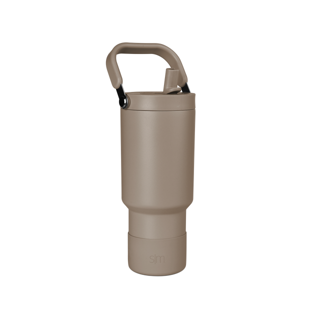 Taupe and beige rope or cord product with black carabiner clip attachment at top Taupe and beige rope or cord product with black carabiner clip attachment at top