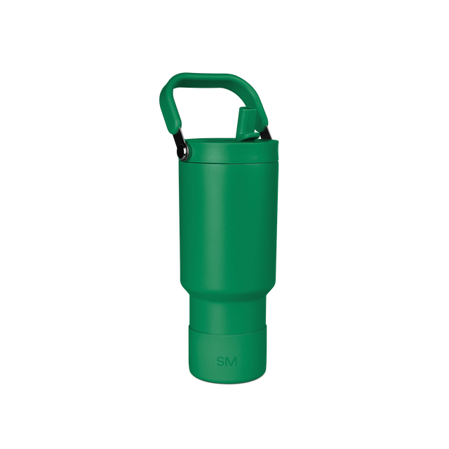 Forest green insulated water bottle with black carabiner handle attachment points, displayed against a neutral background. Forest green insulated water bottle with black carabiner handle attachment points, displayed against a neutral background.