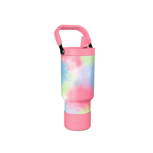 Tie-dye water bottle with vibrant pink, blue, soft green, and pale yellow watercolor gradient pattern on central band, solid colored top and bottom sections. Tie-dye water bottle with vibrant pink, blue, soft green, and pale yellow watercolor gradient pattern on central band, solid colored top and bottom sections.
